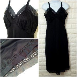 Vintage 50s Shadowline Full Slip-Dress 34-Tall Fitted Princess Lace Sheer Trim